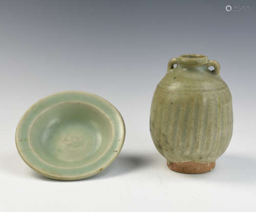 Chinese Longquan Ware Celadon Jar & Plate, Yuan D.