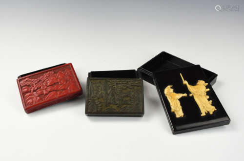 3 Chinese Carved Lacquer Box & Cover Inlaid w Bone