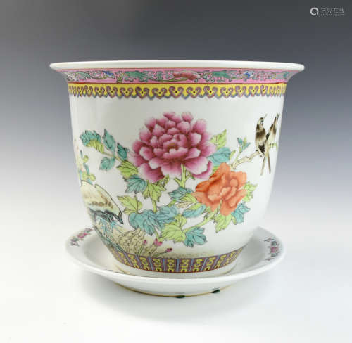 Chinese Famille Rose Flower Basin and Tray