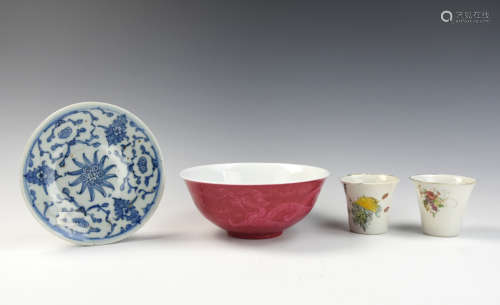 1 red glazed bowl, 2 famille rose cup, 1 b/w plate