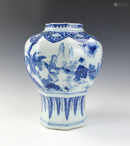 Chinese Blue & White Jar w/ Scholar