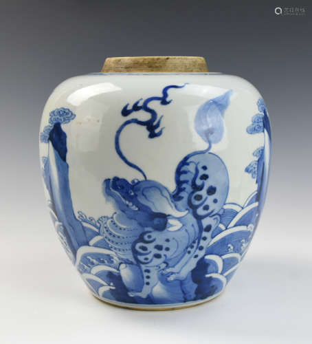 Chinese Blue & White Jar w/ Sea Monster