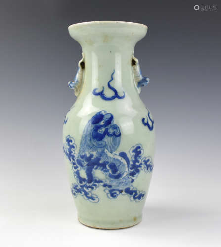 Chinese Celadon Glazed B & W Vase w/ Foo Lion