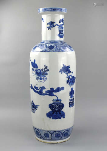 Chinese B & W Rouleau Vase w/ Antique Design,1950s