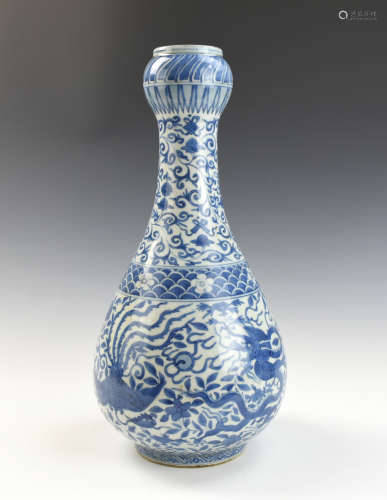 Chinese Blue & White Garlic Head Vase w/ Phoenix