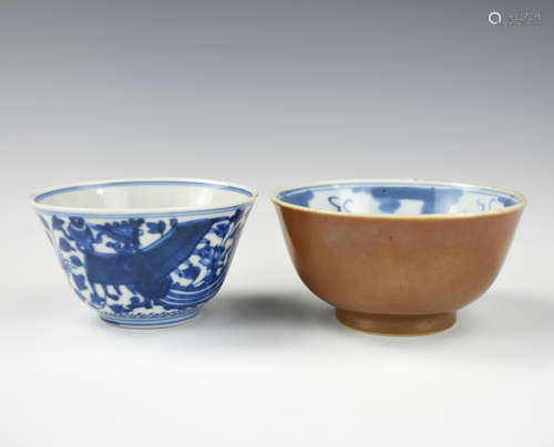 Chinese Blue & White Cup & Brown Glazed Cup