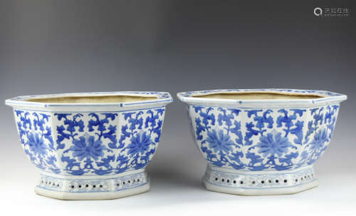 Pair of Large Chinese B& W Flower Basin, 20th C.