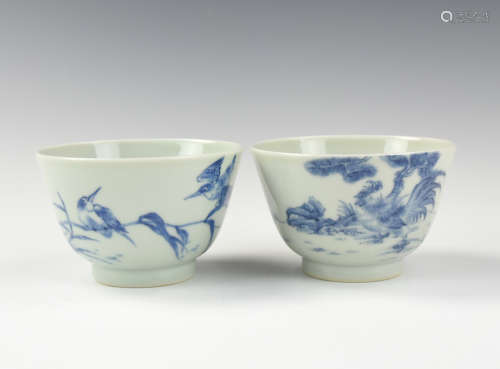 Pair of Chinese B & W Cups w/ Birds & Rooster