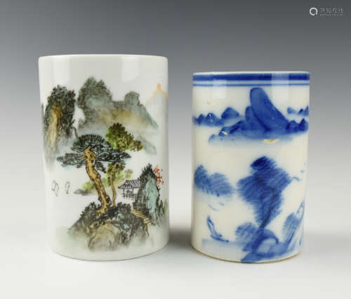 Two Chinese Brush Pots, B & W ,Famille Rose