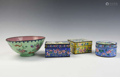 4 Chinese Canton Enamel : 3 Box and One Bowl