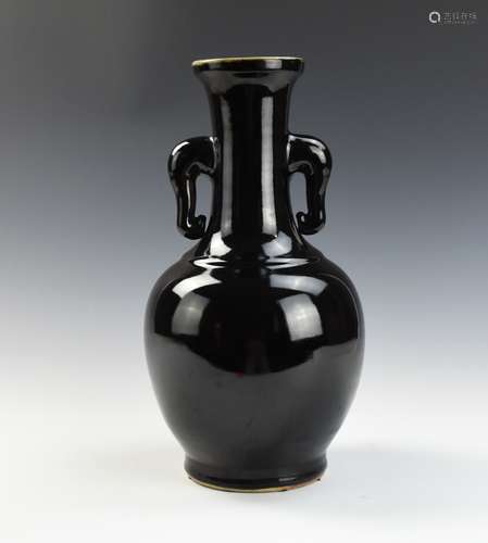 Chinese Black Glazed Elephant Handle Vase