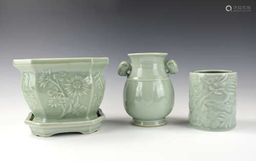 Chinese Celadon Flower Basin, Brush Pot and Vase