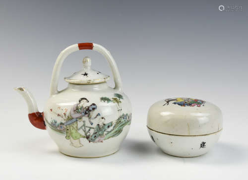 Two Chinese Famille Rose Teapot and Box w/ Cover