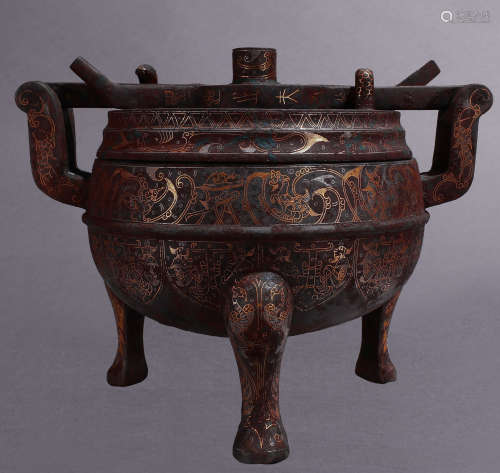 Chinese tripod bronze ding inlaid with gold中國古代青銅錯金鼎