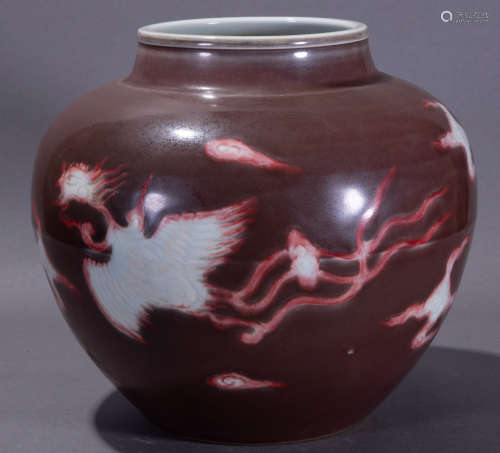 ancient Chinese underglaze red pot with flying phoenix and cloud pattern中國古代釉裡紅大罐
