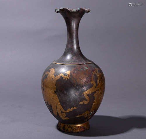 Ancient Chinese bronze gilt  bottle carved with dancing ladyies中國古代銅鎏金淨瓶