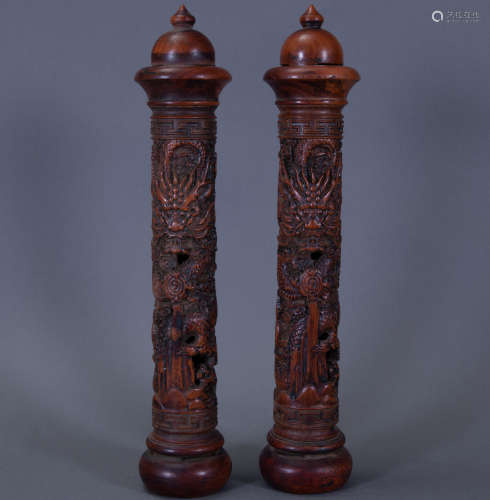 A pair of ancient Chinese boxwood incense sticks holder一對中國古代黃楊木雕香筒