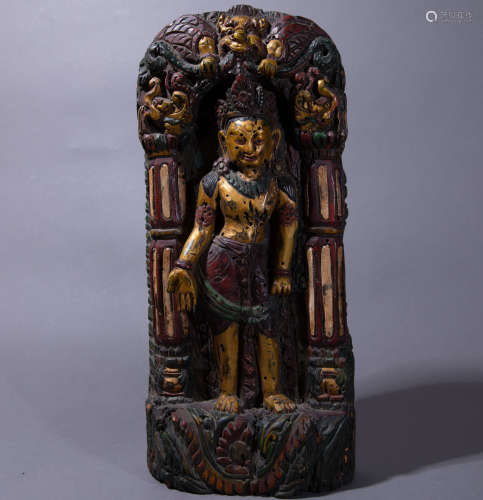 ancient Chinese wood carving Buddha statue painted with gold中國古代木雕彩繪描金佛像