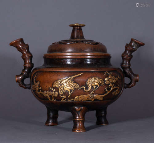 Ancient Chinese tripod bronze gilt censer carved with crane and trees中國古代紫銅鎏金香爐