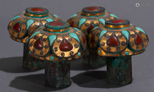 Four Ancient Chinese Bronze Twists inlaid with Gold and Gemstone四個中國古代青銅錯金鑲嵌寶石琴扭