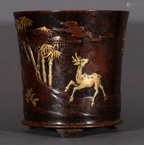 Ancient Chinese copper gilt painting cylinder, deers中國古代紫銅鎏金畫缸