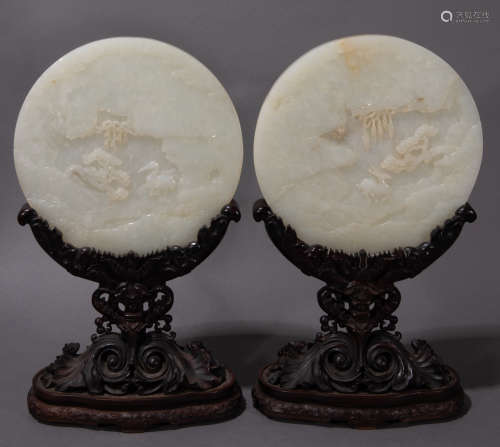 A pair of ancient Chinese Hetian white jade table screen一對中國古代和田白玉插屏