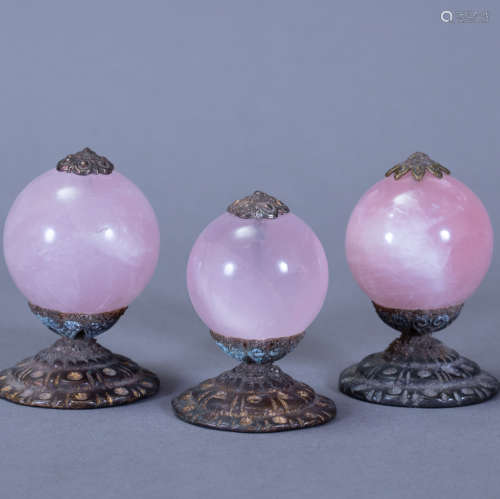 Three ancient Chinese pink crystal court hat beads三個中國古代粉水晶帽頂