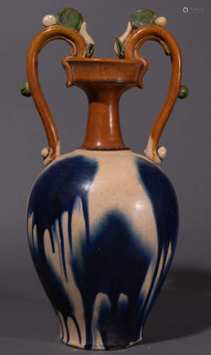 Tang Tri-Color Glazed Ceramics pot WITH double dragon shaped handles中國古代唐三彩雙龍尊