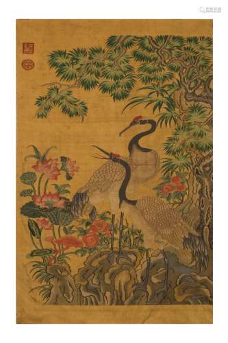 Chinese silk kesi hanging screen, crane, lotus, and pine trees中國古代緙絲掛帳