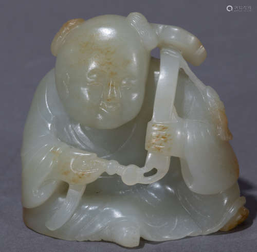 Ancient Chinese Hetian white jade carved boy中國古代和田白玉雕童子