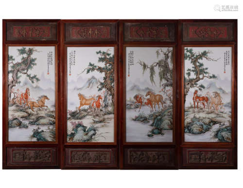 Four ancient Chinese wucai porcelain panel painting, horse四幅中國古代五彩瓷版畫