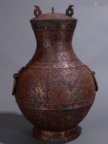 Ancient Chinese bronze bottle inlaid with gold中國古代青銅錯金瓶