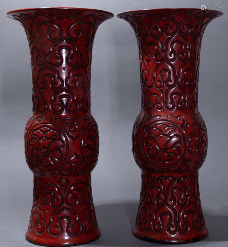 A pair of ancient Chinese copper and lacquer flower goblets一對中國古代銅胎漆器花觚