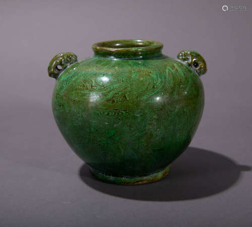 ancient Chinese Tang tri-color green glazed pot中國古代唐三彩綠釉雙系罐