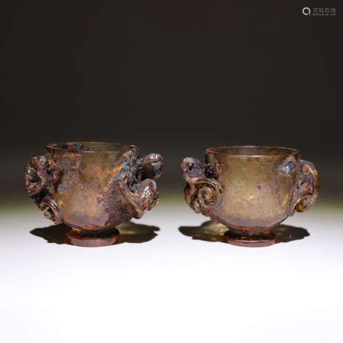 和田玉杯摆件一对 Hotan jade cup set