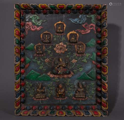 Ancient Chinese wooden Buddha Thangka inlaid with copper中國古代木質鑲嵌銅佛唐卡