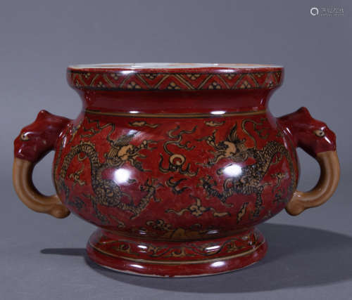 ancient Chinese underglazed red pot with mark, with dragon pattern中國古代紅釉描金鬥