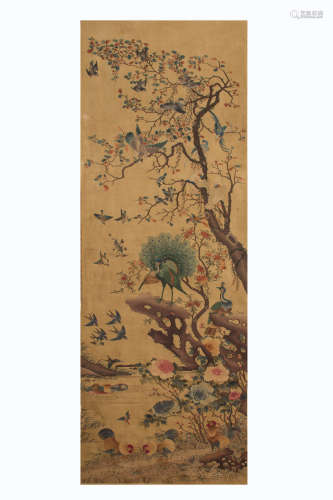 chinese silk kesi hanging screen, peacocks中國古代緙絲掛帳