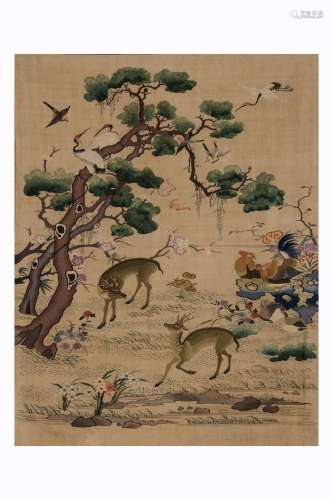 chinese silk kesi hanging screen, cranes, deers, pine trees中國古代緙絲掛帳