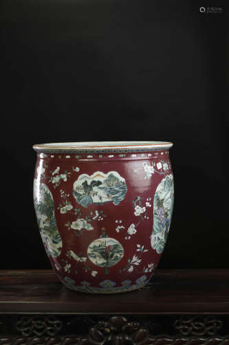 红地粉彩开光山水纹饰缸 Red ground pastel Kaiguang landscape decoration jar
