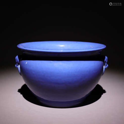 天蓝釉双狮耳香炉 Sky blue glaze double lion ear censer