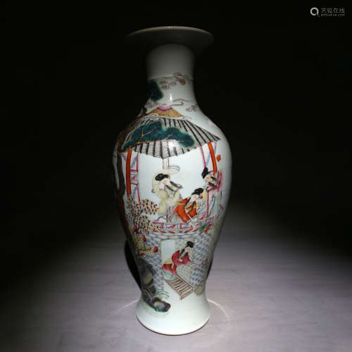 粉彩人物花卉纹饰观音瓶 Guanyin vase decorated with pink figures and flowers