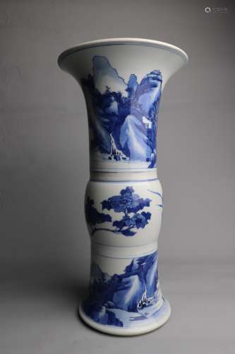 青花花卉山水花觚  Blue and white flowers, landscape and goblet