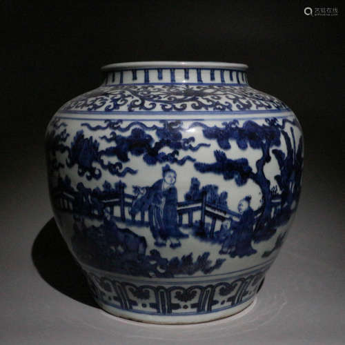 青花人物花卉纹饰罐 Blue and white figure flower decoration pot
