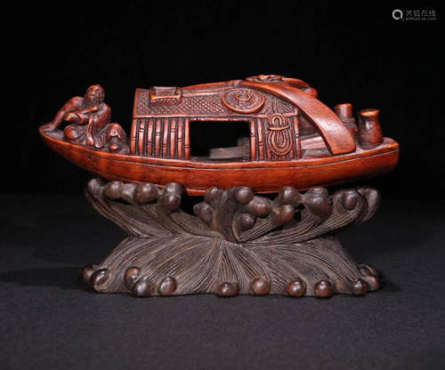 A BAMBOO BOAT DISPLAY ORNAMENT