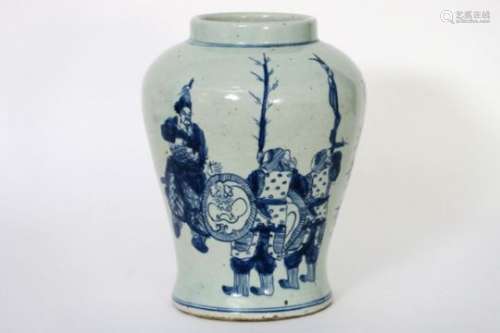 Chinese vaas in porselein met blauwwit decor met een krijger en tekst - hoogte : [...]
