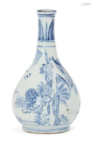 A Chinese porcelain small bottle vase, Ming dynasty, 17th century, painted in underglaze blue with a