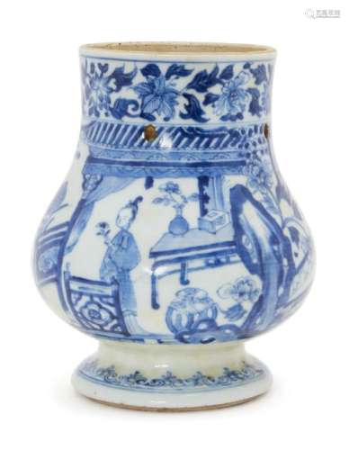 A Chinese porcelain hanging vase, Kangxi period, with bulbous body above spreading foot, painted