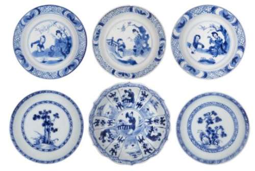 Six Chinese porcelain small dishes, 18th century, each painted in underglaze blue, three with a