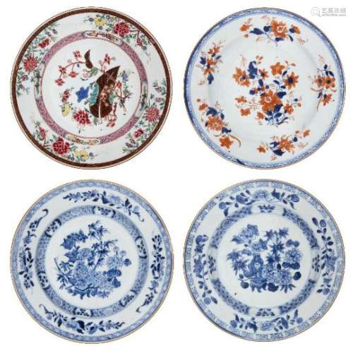 Four Chinese export porcelain plates, 18th century, two painted in underglaze blue, one painted in